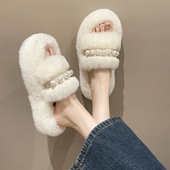 Lunivop Chunky Platform Fur Slippers Women Autumn New Fashion Pearl Thick Bottom Furry Outdoor Slippers Woman Short Plush Designer Shoes