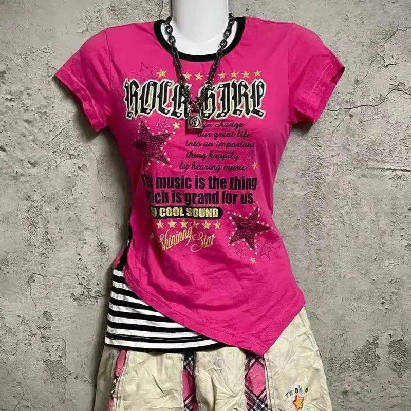 Lunivop  Women Grunge T-shirts Summer Bottoming Crop Tops Vintage Slim Harajuku Causal Black Tshirts Y2k Aesthetic Flower Printing