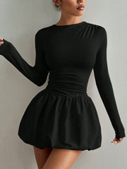 Lunivop  Women's Slim-Fit Long Sleeve Dress Autumn round Neck Ruched Waist Elastic Pleated Mini Skirt Fashion Elegant Casual Wear