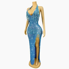 Lunivop  Blue Red Black Rhinestones Crystals Chain Heavy Luxury Gowns Sexy V-neck Backless Dress Women Party Show Photoshoot Stage Wear