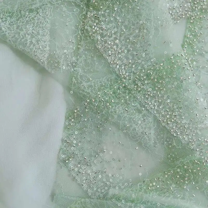 Lunivop  2025 New Chinese Style Beaded Diamond Pattern Elegant Women Dress Light Green Sheer Mesh Long Dresses Female