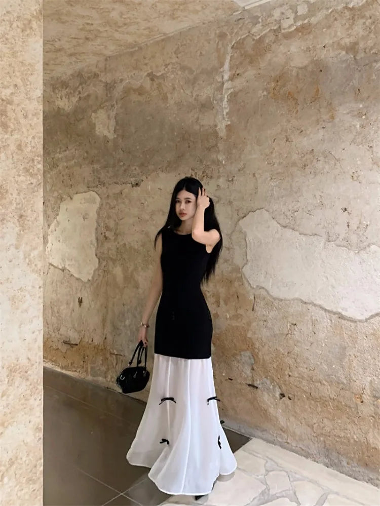 Lunivop  Sleeveless Dresses Women Bow Patchwork O Neck Vintage Mesh Summer Fashion Elegant Dress Party Female Casual Chic