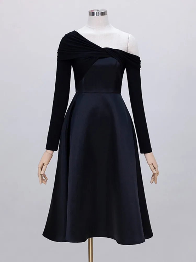 Lunivop Solid Slanted Collar Off Shoulder Dresses For Women Long Sleeve High Waist Causal Loose Thin Dress Female Clothing