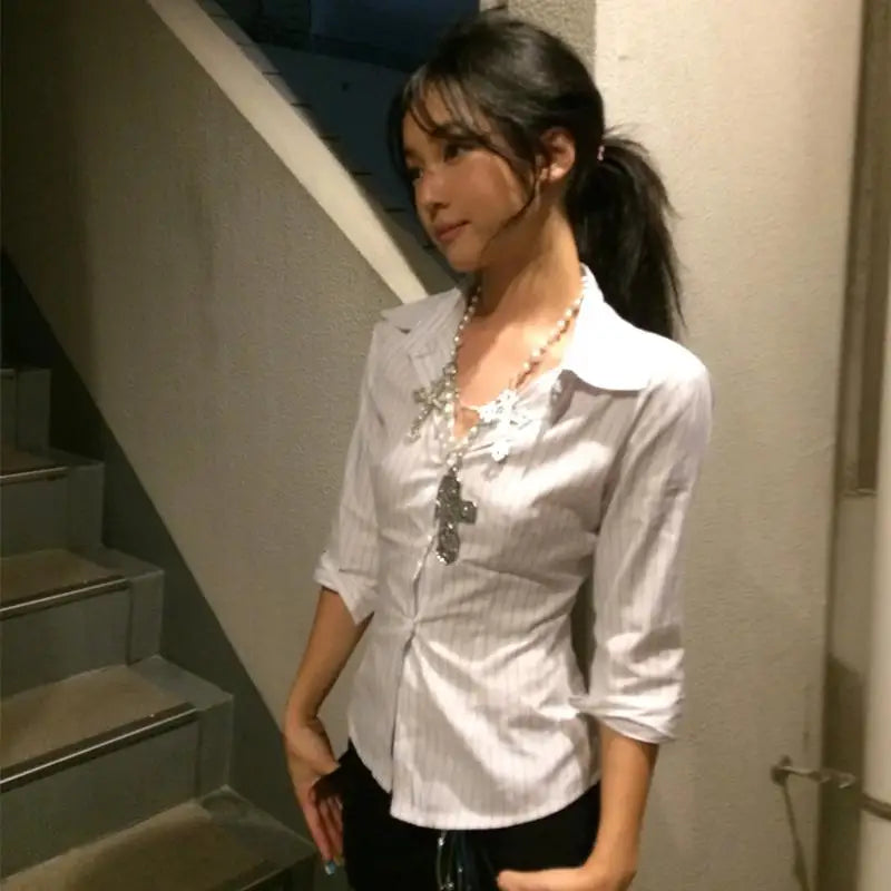 Lunivop Korean Style Casual Shirt Women Three Quarter Striped Shirts 2000s Japanese Y2k Vintage Tops Slim Retro Shirts Summer
