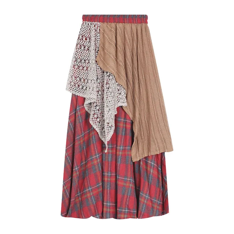 Lunivop Streetwear Contrast Color Patchwork A-line Skirt Women 2025 Spring New High Waist Hollow Loose Pleated Plaid Mid-length Skirt