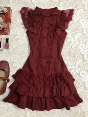 Lunivop  Vintage Classic Lolita Burgundy Lace Stand Collar Flutter Sleeve Short Dress Elegant Waist Fit Harajuku Summer Streetwear Outfit