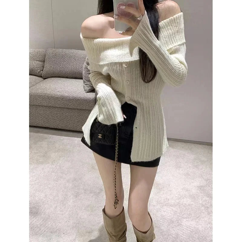 Lunivop Off Shoulder Knit Top for Women Button Front Long Sleeve Off-The-Shoulder Ribbed Fitted Tops Women Pullovers Sweater Y2K Outfit