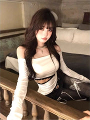 Lunivop  Off Shoulder Long Sleeve All-match Tee Shirt Y2k Slim Waist Hollow Out T-shirt Spring Autumn New Slim Fit Top for Women