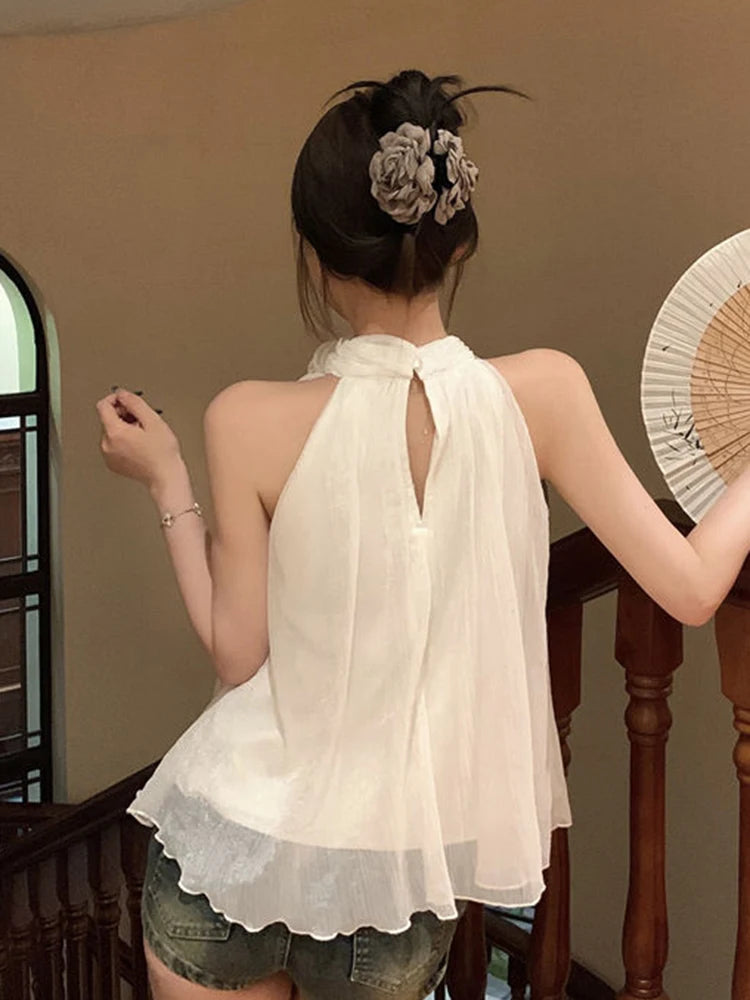 Lunivop  3D Floral White Mesh Tanks Women Loose Elegant Sweet Halter Tanks Casual Fashion Female Summer Korean Sleeveless Chic Tops
