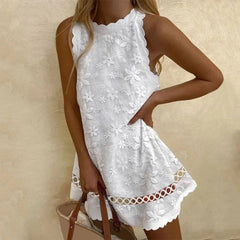 Lunivop  Ladies Casual Dresses Round Neck Solid Colour Sleeveless Straight Short Dress For Woman Hollow Out Summer White Dress Vestidos