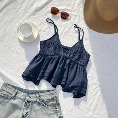 Lunivop  Casual Euramerican Beach Style Lazy Tank Tops Harajuku Y2k Sweet Exquisite Lace Hollow Out Tees Pleated Punk Spice Girl Clothes