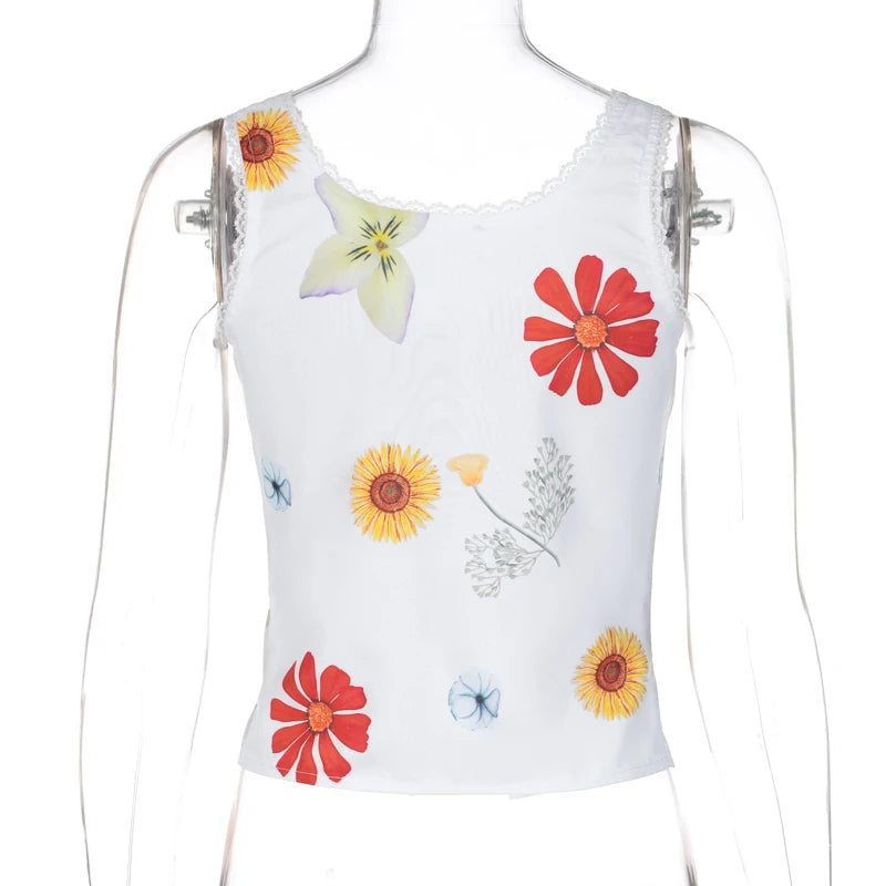 Lunivop Square Collar Print Sleeveless Lace Button Pear Slit High Waist Tank Crop Top Vacation Trip Casual Clothing