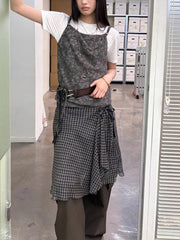 Lunivop  Deeptown Vintage Plaid Mesh Skirts Women Japanese Asymmetrical Mid Skirt Y2k Harajuku Lace Up Short Skirts Aesthetics Elegant