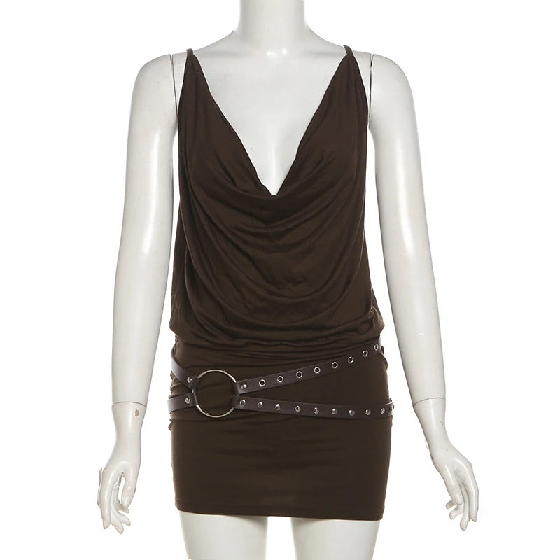 Lunivop  BKLD Y2k Sexy Swinging Collar Strap Open Back Sleeveless High Waist Draped Tight Mini Wrap Hips Dress Match Belt Club Streetwear