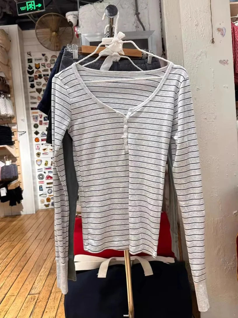 Lunivop  Cute Pink Brown Striped T-shirt Women Buttons O-Neck Cotton Slim Patchwork Long Sleeve Tee Sweet Preppy Style Tshirt Y2K Top New