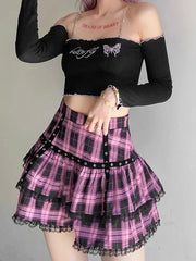 Lunivop  Mall Goth Gothic Lace Ruffle Mini Skirts Womens Harajuku Fairy Grunge Pink Plaid Pleated Skirt Japanese Lolita Streetwear