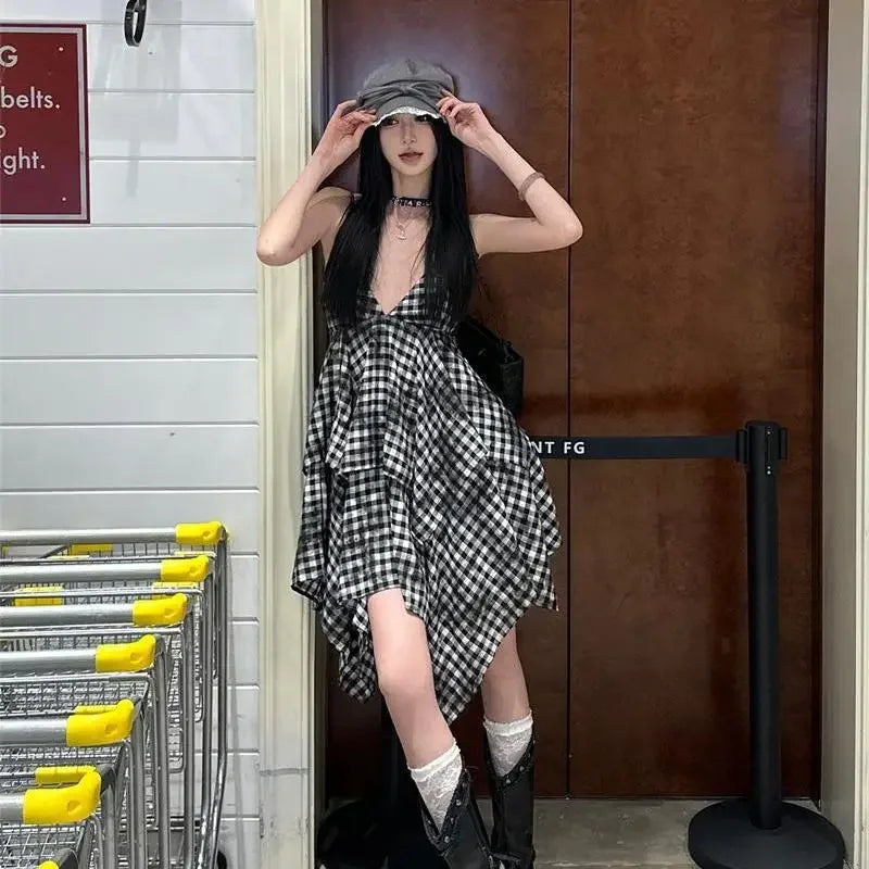 Lunivop Vintage Plaid Mini Dress Women Sexy Club Backless Irregular Dresses Korean Style V-neck Gyaru Streetwear Y2k Aesthetic