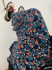 Lunivop  Vintage Blue Flower Print Skirt for Women Summer New High Waist A-line Skirts Lazy All-match Mid-length Loose Faldas Mujer