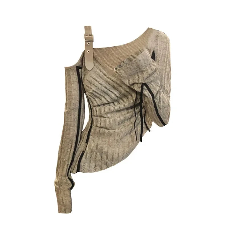 Lunivop 2000s Aesthetic Vintage T-shirts Women Sexy Y2k Punk Gyaru Long Sleeve Crop Streetwear Asymmetrical Top Slash Neck Tee