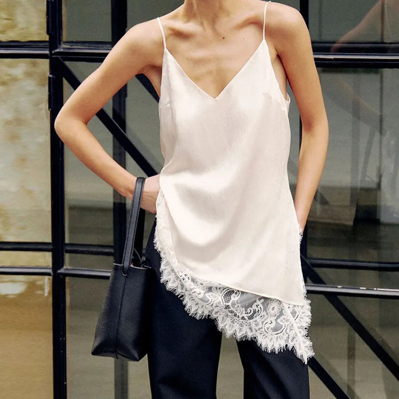 Lunivop  V-Neck Lace Trim Satin Cami Top Asymmetric Hem Floral Lace Trim Camisole Summer Chic Elegant Women Feminine Outfit