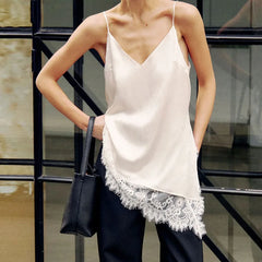Lunivop  V-Neck Lace Trim Satin Cami Top Asymmetric Hem Floral Lace Trim Camisole Summer Chic Elegant Women Feminine Outfit