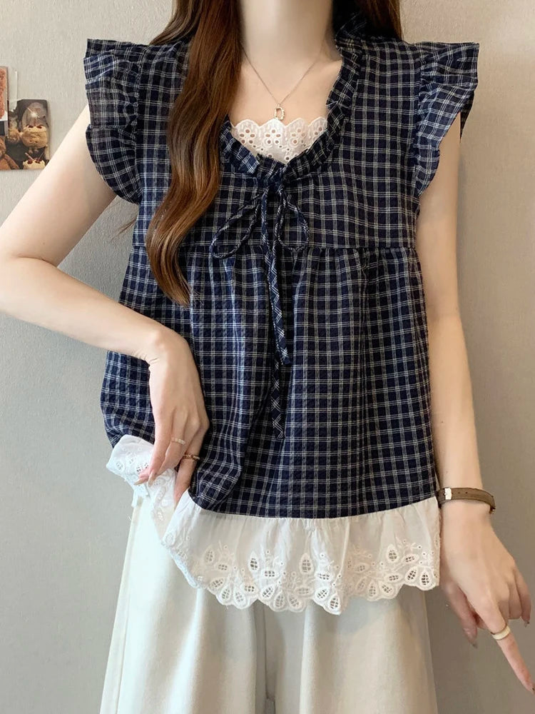 Lunivop  Lace Patchwork Plaid Shirt Women Casual Loose Flying Sleeve Vintage Blouse Preppy Style Sweet Korean Lady Retro Summer Tops