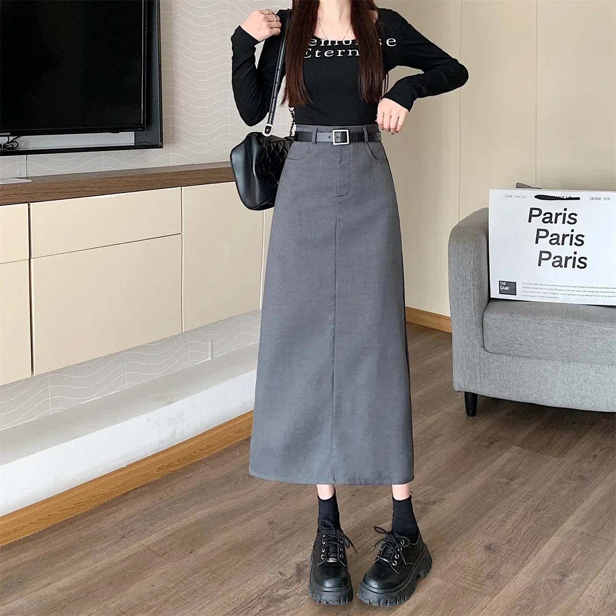 Lunivop High-waisted Slimming Skirt Greysuit Women's Lightweight Casual A- line Medium-length Dress