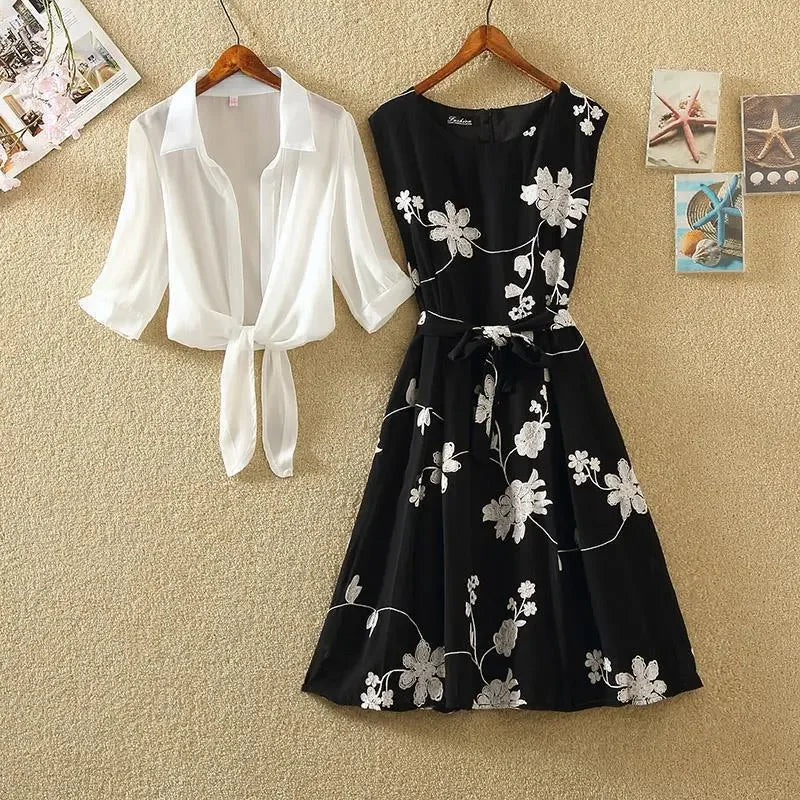 Lunivop  Summer Women's 2-Piece Set Floral Print Sleeveless Midi Dress Chiffon Crop Cardigan Casual Set