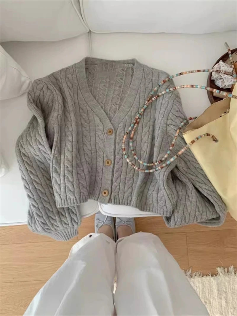 Lunivop Cozy Cable Knit Sweater Cardigan for Women V-neck Button Up Boxy Plain Crop Sweater Jacket Autumn Winter Teen-girl Y2k Outfit
