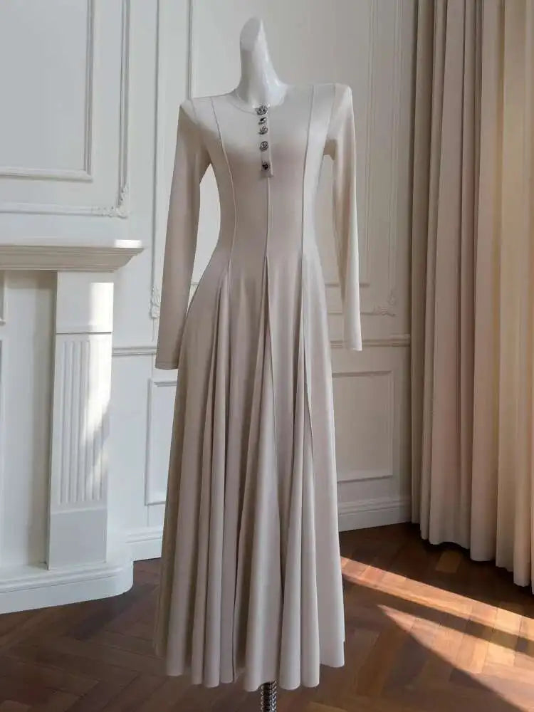 Lunivop  Women's Elegant Stretch Knit Dresses O Neck Long  Sleeve Sliming Pleated Hem Maxi Dress 2025 Autumn New Clothing