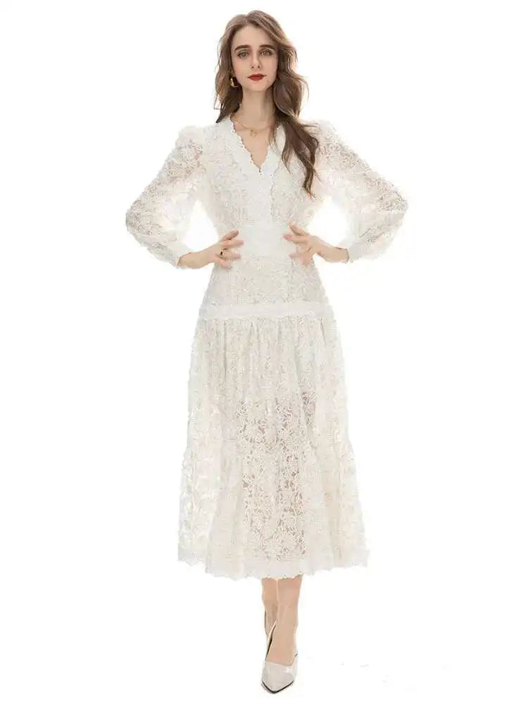 Lunivop Luxury Hollow Out Print Spliced Design Long Sleeve Dresses For Women V-neck Lace Loose Dress Spring Clothing