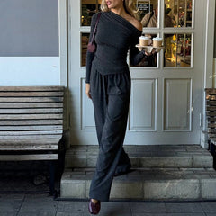 Lunivop  Autumn Winter Wide Leg Pants Set Women Fashion Casual Skew Collar Full Sleeve Pullover Slim Tees+Trousers Solid Daily Streetwear