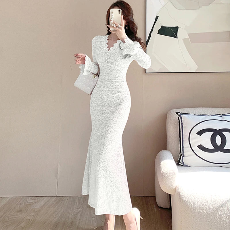 Lunivop  Autumn Winter Pink Lace Hook Flower Hollow Prom Vestidos Women Fashion Bodycon Party Dress and Events Korean Casual Dresses