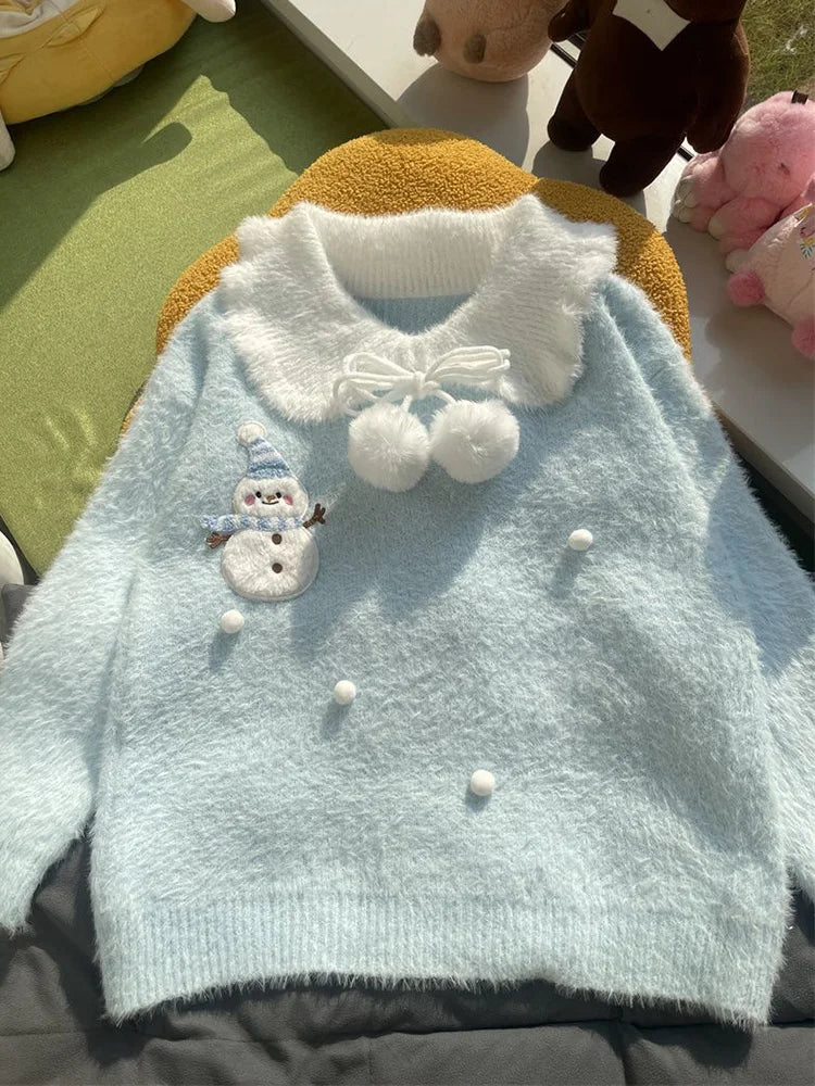 Lunivop Sweet Faux Mink Cashmere Sweaters Women Kawaii Snowmen Long Sleeve Knitted Pullover Casual Cute Preppy Style Chic Loose Jumpers