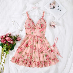 Lunivop  Sexy Lingerie Women's Seduction Mesh Floral Ruffle Edge Sexy Nightgowns Sleepshirts Perspective Pajama Set