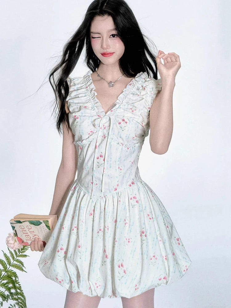Lunivop  Floral V Neck Sexy Dress Women Casual Elegant Sleeveless Mini Dress Vintage Lace Up Female Korean Summer Beach Style Dress