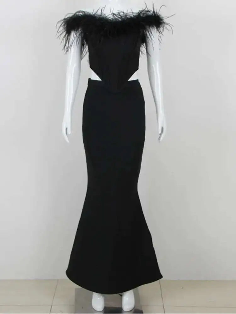 Lunivop Bandage Ostrich Hair Two Pieces Set Zipper Hollow Out Slash Neck Top Women's 2025 New Fashion Mermaid Skirt Female