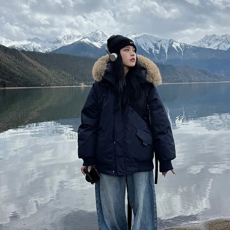 Lunivop Winter Outdoor Padded Cotton-padded Clothes Female American Retro Big Fur Collar Down Cotton-padded Jacket