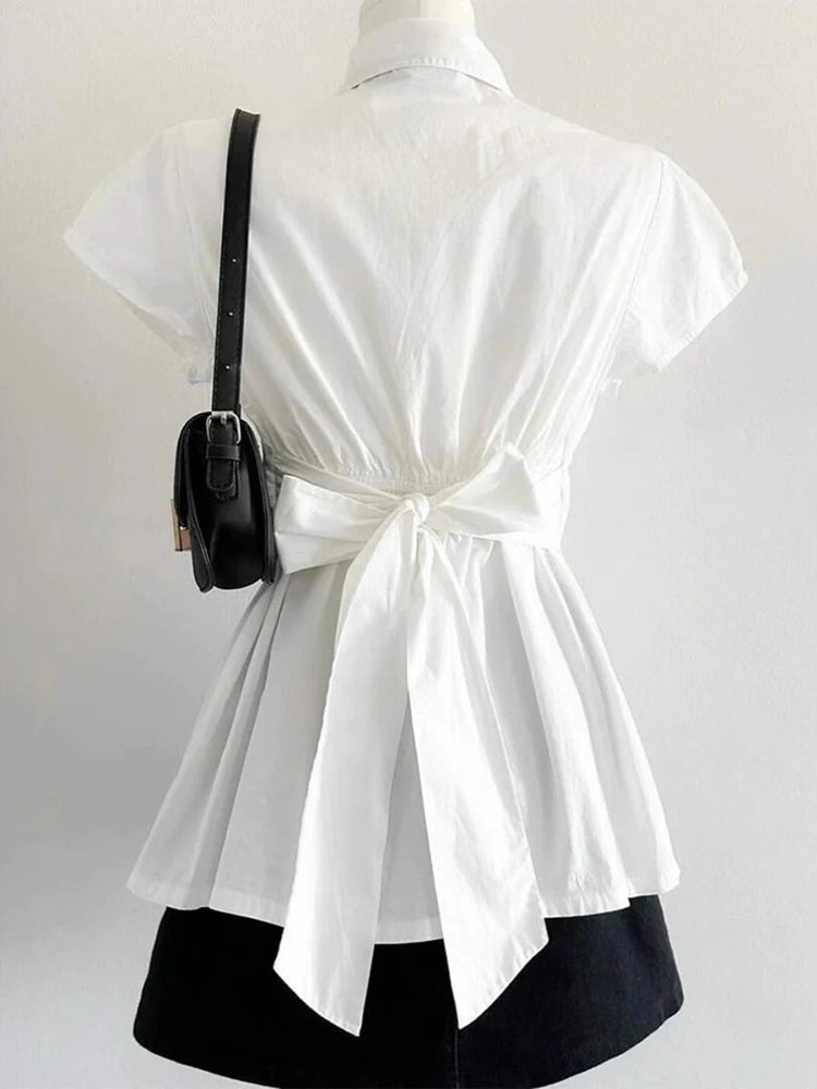 Lunivop  Elegant Bow Women Shirts Summer Short Sleeve White Preppy Style Blouse Tunic Bandage Simple Solid Korean Ladies Tops New