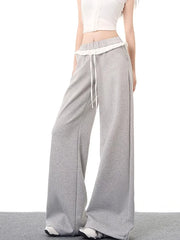 Lunivop Elegant Vintage Gray Sweatpants Women High Waist Korean Sweet Wide Leg Pant Fall Retro Loose Ruffles Pockets Lady Trousers