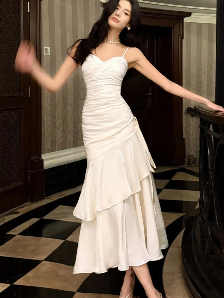 Lunivop Elegant Ruffles Spaghetti Women Long Dresses Fashion Strap Sleeveless Princess Party Dress Summer Slim Waist Casual Vestidos New