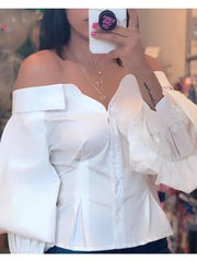 Lunivop  Elegant White Shirts for Women Lantern Sleeve Off Shoulder Top Lady Blosues Long Sleeve Ruched Design Feamel Clothes Spring