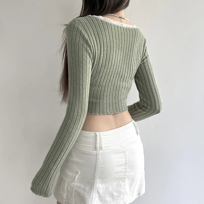 Lunivop Maillard Vertical Striped Lace Bow Lace V-Neck Long Sleeve T-Shirt Irregular Cut Slim Irregular Sexy Leak Umbilical Long Sleeve