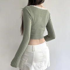Lunivop Maillard Vertical Striped Lace Bow Lace V-Neck Long Sleeve T-Shirt Irregular Cut Slim Irregular Sexy Leak Umbilical Long Sleeve