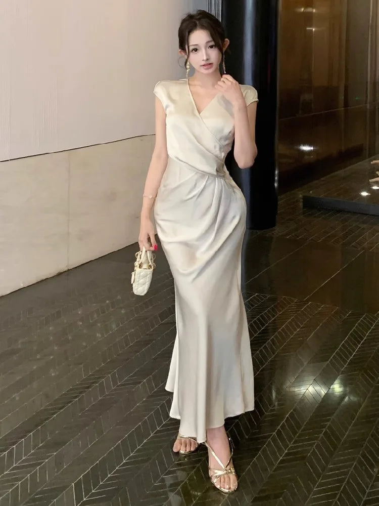 Lunivop  Temperament Dresses Women V Neck Elegant Sexy Slim French Style Solid Temperament Mermaid Dress Party Female Vintage