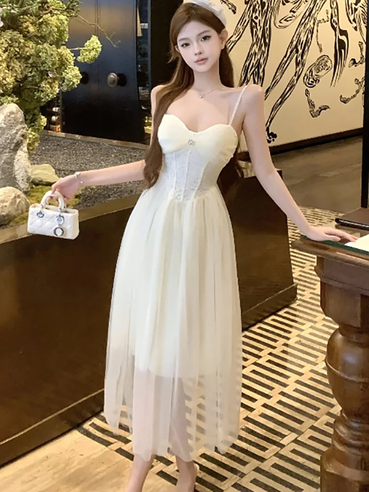 Lunivop  White Mesh Patchowrk Lace Diamonds Chic Sling Dress for Women Summer Elegant Luxury Dress Gown 2025 Korean Vintage Evening Dress