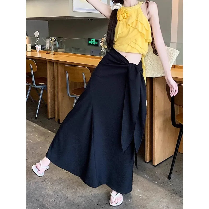 Lunivop Streetwear Contrast Color Plaid Casual Mid-length Skirt Women Summer New High Waist Pleated Lace Up Loose A-line Skirt