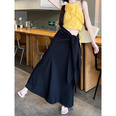 Lunivop Streetwear Contrast Color Plaid Casual Mid-length Skirt Women Summer New High Waist Pleated Lace Up Loose A-line Skirt