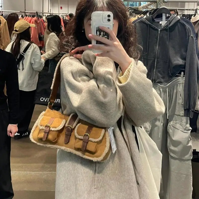 Lunivop  Retro Lamb Patchwork Brown Shoulder Bag Women Vintage Pocket Chic Y2k Handbag Female Hot Girls Casual Underarm Bag 2025