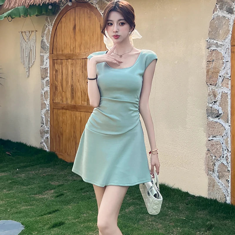 Lunivop  Women Green Knitted Short Sleeve O-Neck Mini Dress Summer Pleated Bodycon Hip Wrap Dress Korean Fashion Casual Party Dress